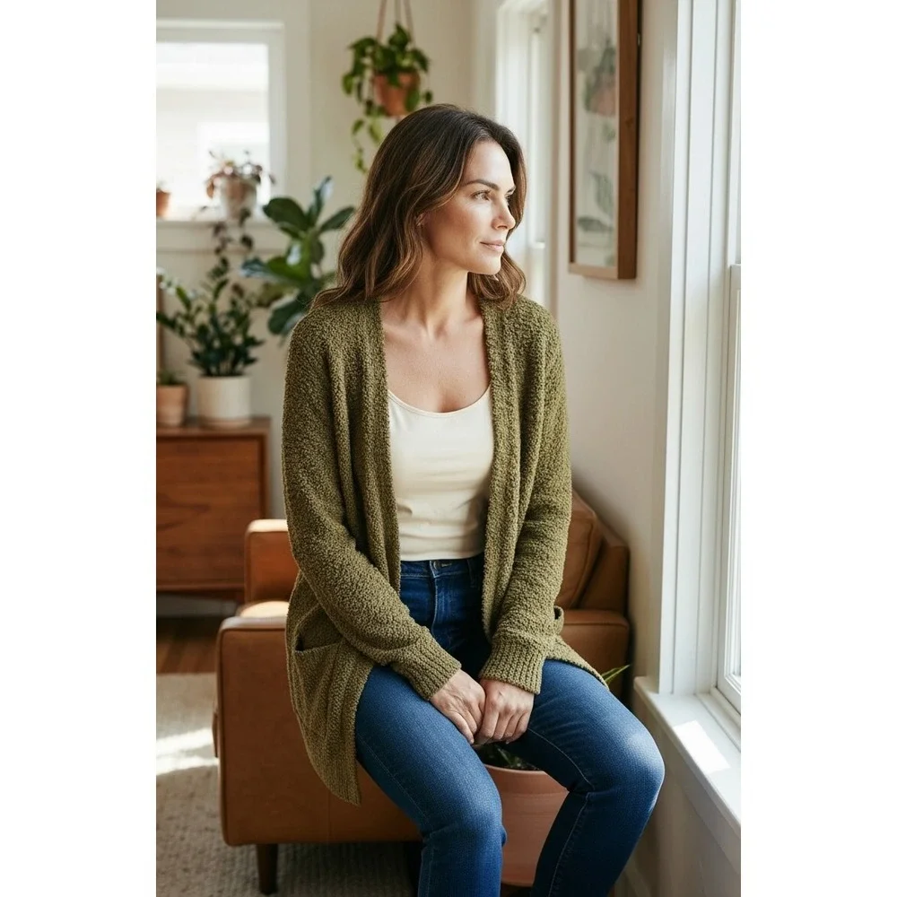 Zenana Women Olive Green Popcorn Knit Open Front Cardigan Sweater Size Medium - Picture 3 of 6